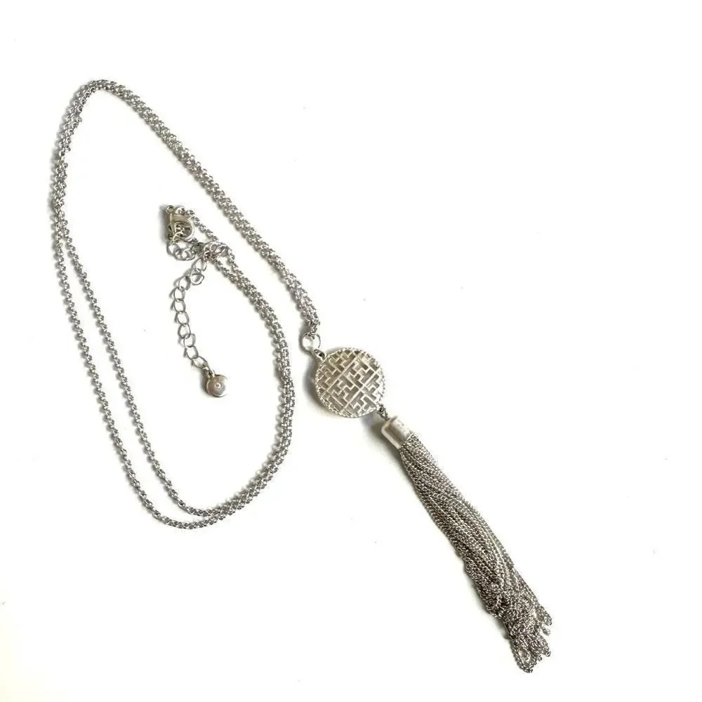 Silver tone long tassel necklace